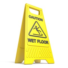 Yellow caution slippery wet floor sign 3D rendering illustration isolated on white background
