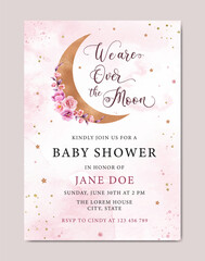 Baby shower watercolor invitation card template with stars and moon background