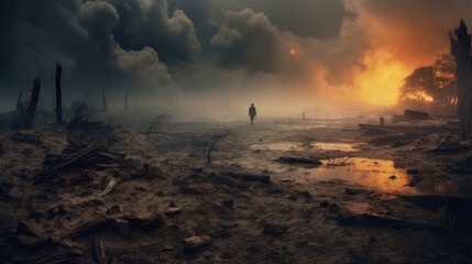 man walking through war-torn battlefield filled with building debris landscape - obrazy, fototapety, plakaty