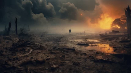 Fotobehang man walking through war-torn battlefield filled with building debris landscape © Xavier
