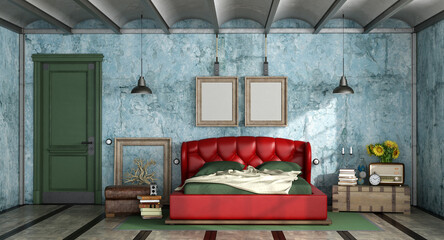 Colorful bedroom in retro style with leather double bed and closed door - 3d rendering