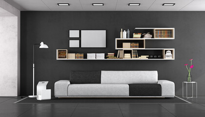 Black and white modern living with fabric sofa and bookcase on wall - 3d rendering