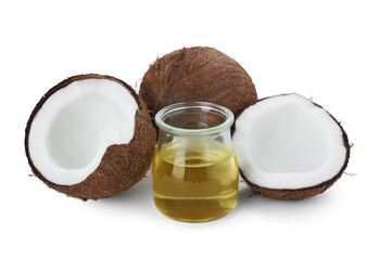 Organic coconut cooking oil and fresh fruits isolated on white