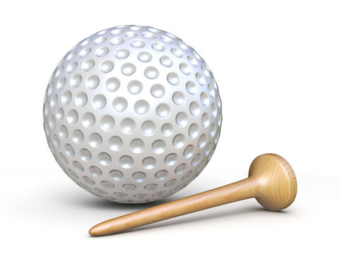 Golf ball with wooden tee 3D rendering illustration isolated on white background