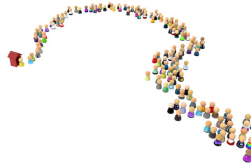 Crowd of small symbolic 3d figures, with booth, over white