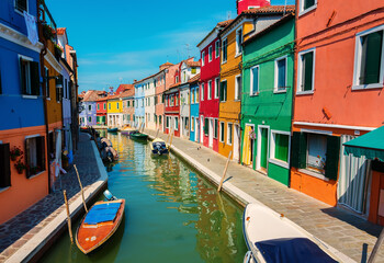 Fototapeta na wymiar Boats and colored houses in summer Burano, Italy