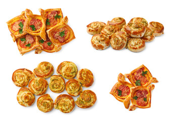 Collage with different puff pastry isolated on white