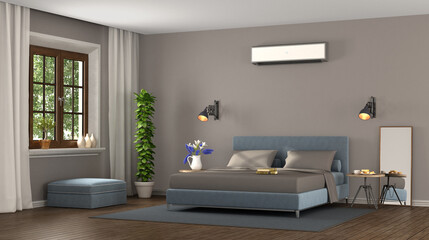 Blue and brown modern master bedroom with air conditioner- 3d rendering