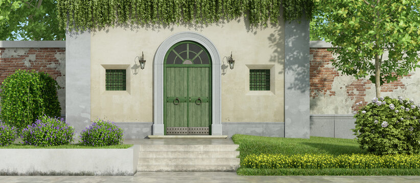Small country house with wooden front door and gatden with lush vegatation - 3d rendering