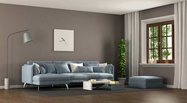 Brown and blu elegant living room with angle sofa and wooden window - 3d rendering
