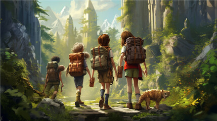 school childern adventure fantasy illustration painting, generative ai