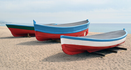 Naklejka na ściany i meble Boats on the beach of Badalona Barcelona