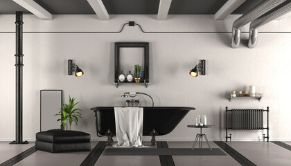 Black and white retro bathroom with classic bathtub - 3d rendering