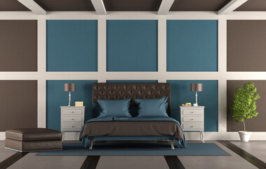 Brown and blue master bedroom with leather double bed - 3d rendering