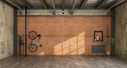 Empty room in a loft with bicycle hanging on brick wall and old radiator - 3d rendering