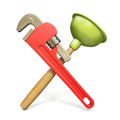 Pipe wrenche and plunger 3D rendering illustration isolated on white background