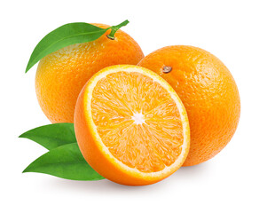 Fototapeta na wymiar Orange fruit with leaves isolated on white background. Clipping path included.