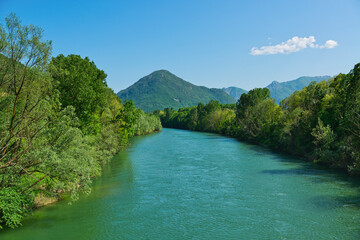 Obraz premium spring season on the river Toce with forest on the sides and mountains in the background and clouds in the sky