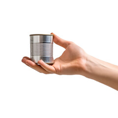 Human hands held metal cans between them. Concept about donation to homeless and sharing, on white background.