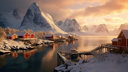 Sakrisoy village surrounded by mountains and crystal sea, Reine, Nordland, - obrazy, fototapety, plakaty