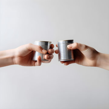 Human hands held metal cans between them. Concept about donation to homeless and sharing, on white background.