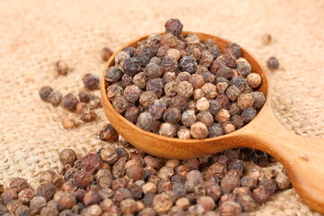 Closeup black pepper seeds or peppercorns (dried seeds of piper nigrum) in wooden spoon