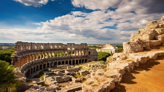 Famous tourist attraction . Ancient architecture of Greece. Travel destinations of colosseum island