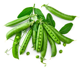 Green pea in pod with leaves still life with fresh vegetable healthy food, isolated on white...