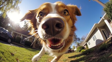 pov of a cute happy dog runs trowards you, sniffs and watches the camera. Generative AI - obrazy, fototapety, plakaty