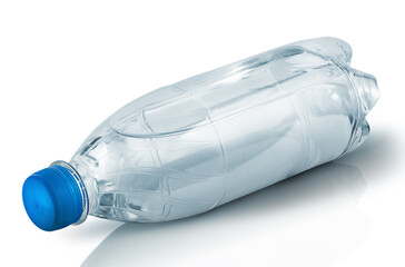 Closed plastic bottle with water lies isolated on white background