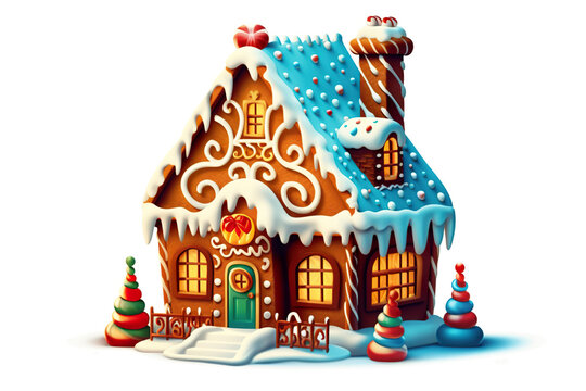 A gingerbread house with a snowman on the roof. Generative AI. © tilialucida