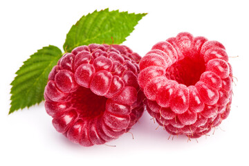 Berry raspberry with green leaves healthy food ripe fruit, isolated on white background.