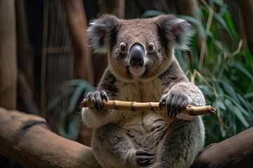 Fototapeta premium a koalai bear playing with a wooden stick in its habitat at the san zoo, san, california