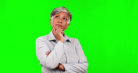 Green screen, thinking and senior woman with solution, question and elderly lady against a studio background. Female person, decision or model with problem solving, mindset or choice with opportunity