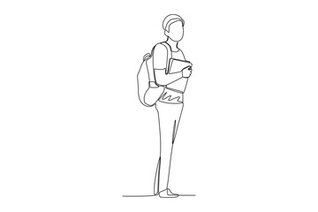 A man brings a book to school. Back to school one-line drawing