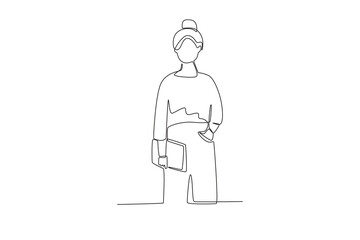 A student holding a book. Back to school one-line drawing