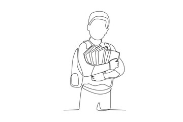 A student brought a lot of books. Back to school one-line drawing