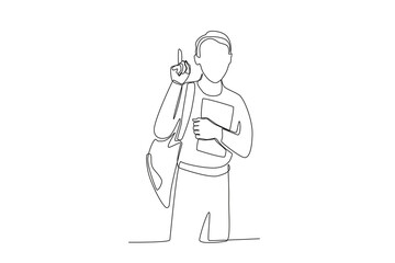 A student is carrying a bag and holding a book. Back to school one-line drawing