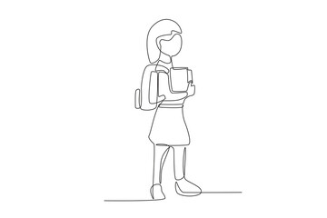Side view of students going to school. Back to school one-line drawing