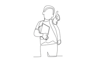 A boy holds a book and gives an okay pose. Back to school one-line drawing