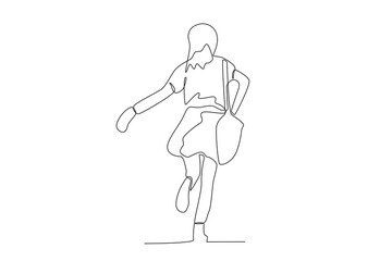 Fototapeta na wymiar Back view of a woman running to school. Back to school one-line drawing