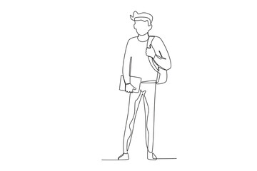 A student carries a bag and holds a book. Back to school one-line drawing