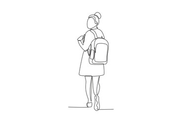 Back view of a female student wearing a bag. Back to school one-line drawing