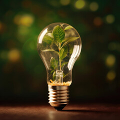light bulb plant inside dark nature compositing green leaves recycled props containing trees simplicity connectedness solar power thick jungle shining lamps white paper.