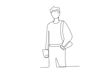 A man casually goes to school. Back to school one-line drawing