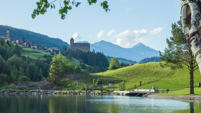 Timelapse, View of the castle in the mountains. Riom Castle, Riom-Parsonz, Savognin, Surses, Canton of Graub&uuml;nden in Switzerland
