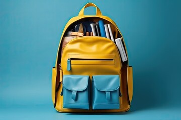 Illustration of yellow backpack full of school supplies on a blue background, coming back to school. Generative AI
