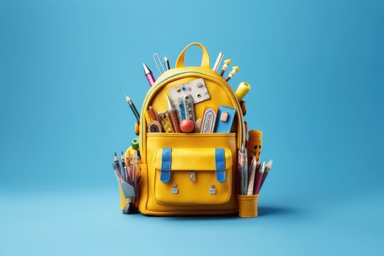 Illustration of yellow backpack full of school supplies on a blue background, coming back to school. Generative AI