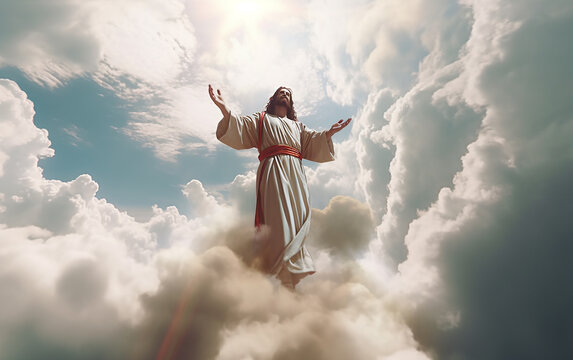 Jesus Christ. Jesus Christ descends from above, reaching out his hands.  Generative AI
