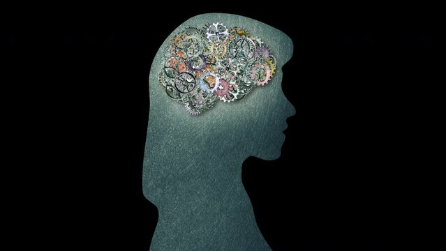 Female brain cogs gears Brain cogs gears alpha Thinking woman Intelligent mechanism
Vintage gears cog wheels rotating inside of a human head. Thinking, thoughts, intelligence and ideas.